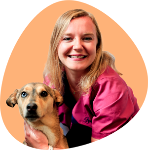 Photo d'une assistante vétérinaire portant une blouse rose, caressant un chien, devant un fond orange